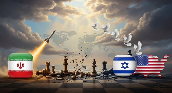 global geopolitical tension concept with iran vs israel and united states flags, missiles and chessboard strategy illustration.