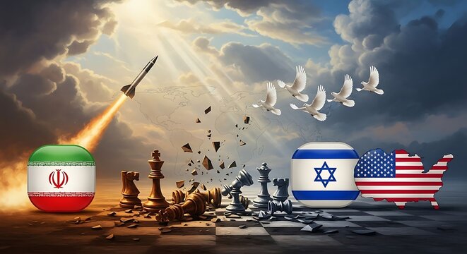 global geopolitical tension concept with iran vs israel and united states flags, missiles and chessboard strategy illustration.