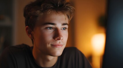 Young person illuminated by warm light looking thoughtfully towards a screen in a dimly lit indoor setting