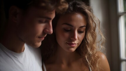 Fototapeta premium A young couple shares a tender intimate moment indoors near a sunlit window