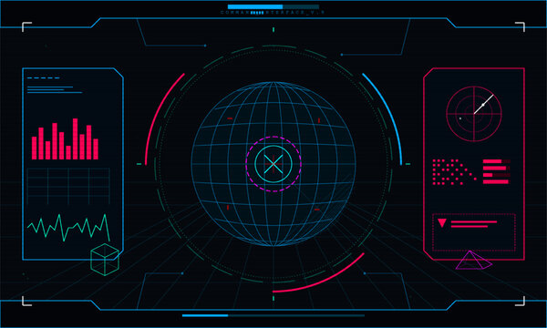 A futuristic digital command interface featuring a central wireframe