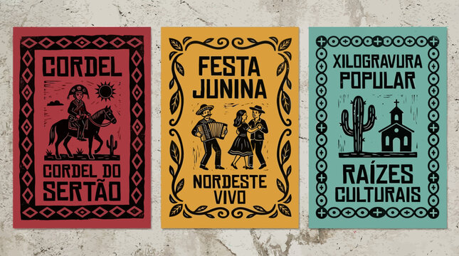 Set of Three Brazilian Cordel Literature Style Posters with Woodcut Illustrations of Festa Junina, Cangaceiro, and Rural Icons in Red, Yellow, and Teal