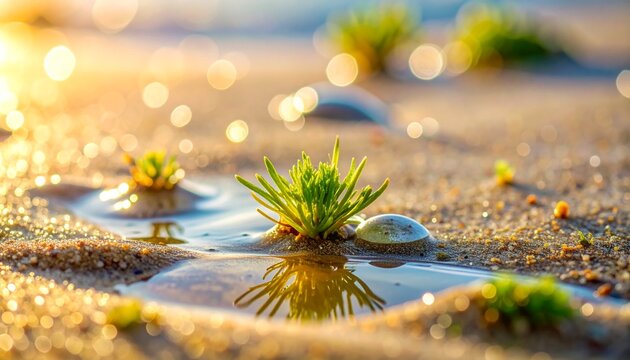 Waves gently meet the sandy shore. Lines of foam and shallow water create flowing patterns, while small patches of green seaweed appear along the shore, creating a miniature landscape effect