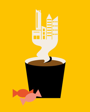 Coffee cup with smoke forming a city skyline