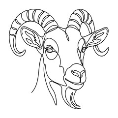 Obraz premium Minimalist one line drawing of a majestic horned goat's head, perfect for rustic designs, farm themes, or simple animal illustrations. Vector artwork for web and print applications.