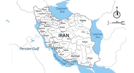 detailed map of iran with major cities, caspian sea and persian gulf. geographic illustration.