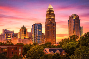 Naklejka premium Charlotte North Carolina USA Skyscrapers, office buildings and hotels in the city in uptown 