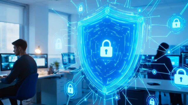 Office workers with digital security shield