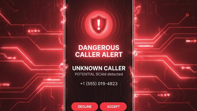 Dangerous smartphone caller alert with red glowing shield and circuit background, unknown scam warning on digital security interface offering options to accept or decline call