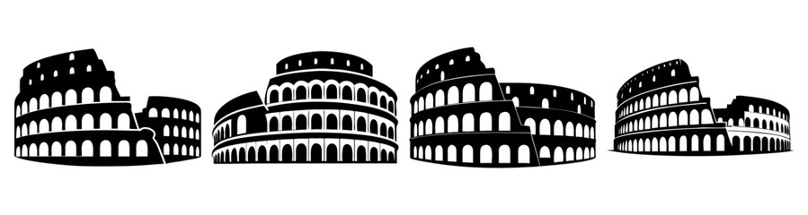 Obraz premium Ancient Roman Colosseum black and white line art illustration set vintage architectural landmarks historical monuments vector sketch