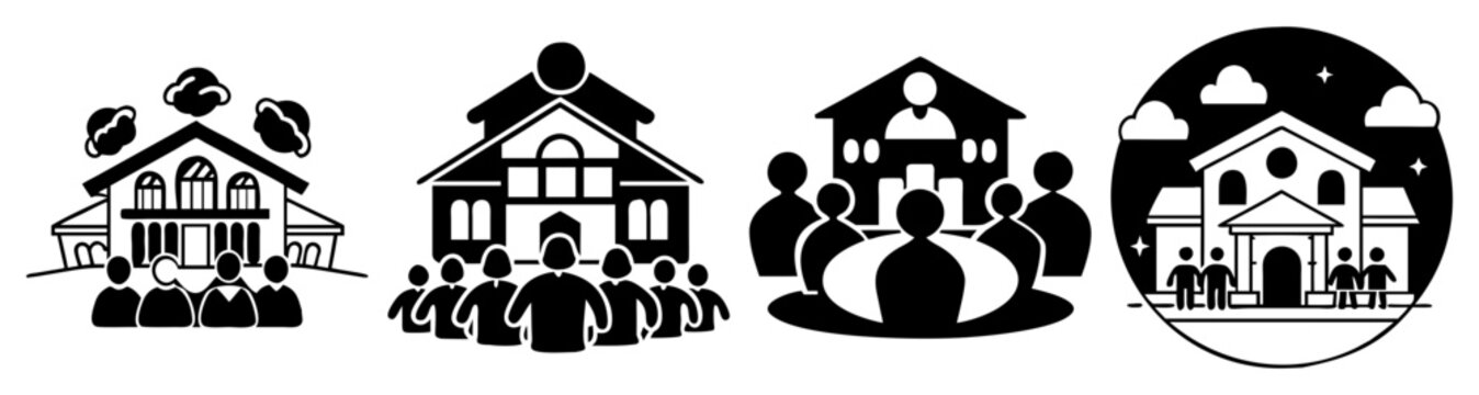 Family generations illustration with houses and silhouettes in black and white minimalist vector design for heritage and legacy concepts