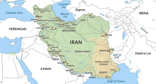detailed map of iran with major cities, caspian sea and persian gulf. geographic illustration.