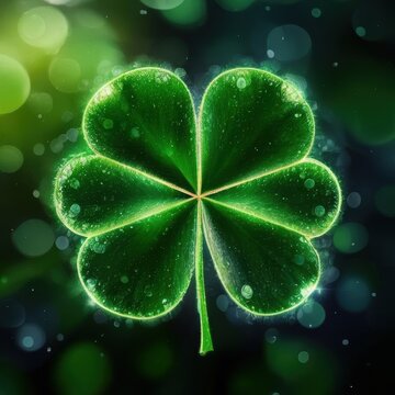 Glowing Four Leaf Clover Lucky Symbol St Patrick Day Magic Green Background