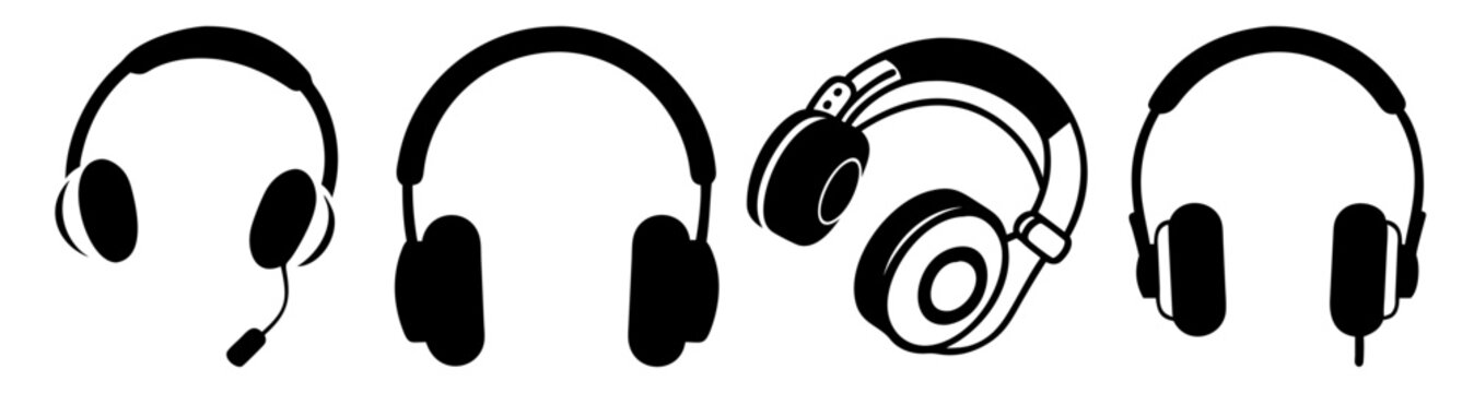 Set of black wireless headphones icons isolated on white background for music tech and audio lifestyle design
