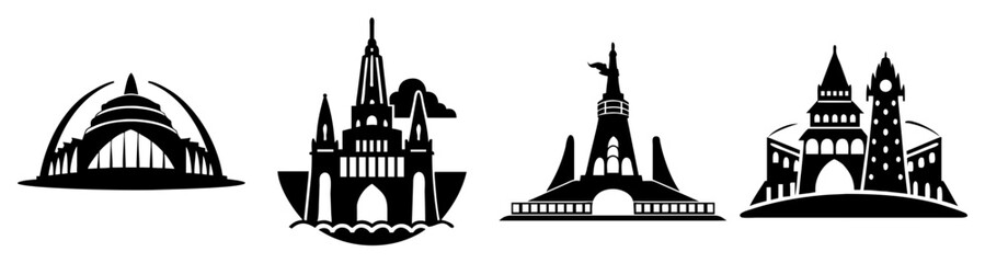 Obraz premium Silhouette of Gothic Cathedral and Ship Sailing Vector Illustration Black and White Line Art Architecture Travel Concept