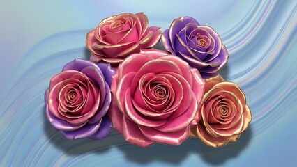 Obraz premium Digital art of four vibrant, stylized roses floating in a wave-like background