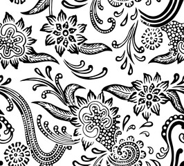 Fototapeta premium Elegant black and white floral pattern with paisley and flowers