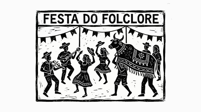 Brazilian Folklore Festival Illustration in Cordel Woodcut Style featuring Bumba Meu Boi, Musicians, and Dancers - Festa do Folclore