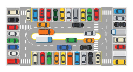 Overhead View of a Busy Parking Lot with Various Vehicles.