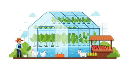 Fototapeta premium Sustainable Smart Farm Vector: Farmer, Hydroponic Greenhouse, Solar Energy, and Fresh Produce Market Stand on White Background