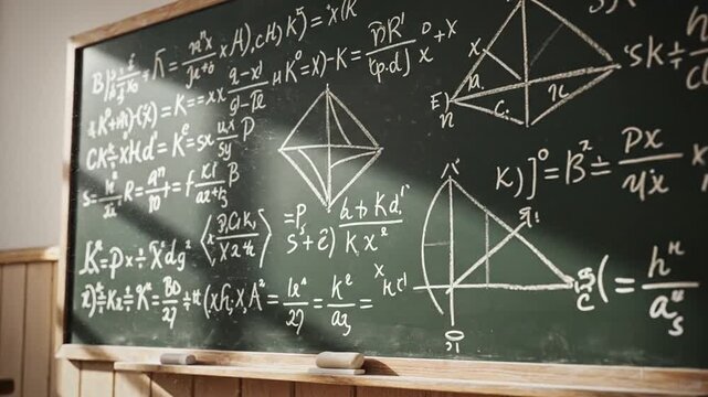 Mathematical formulas and geometric shapes drawn on a classroom blackboard