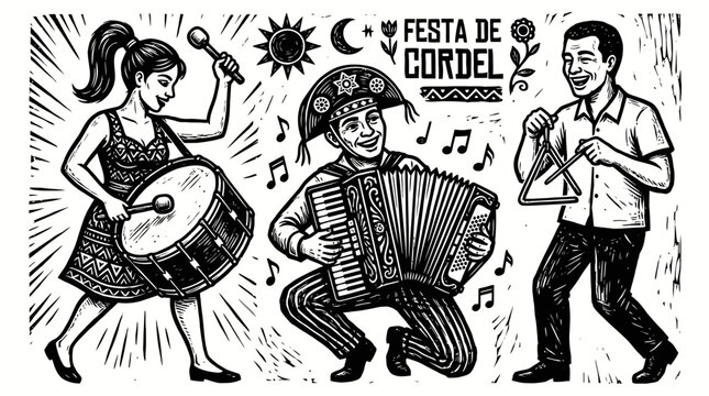 Brazilian Forr&oacute; Band in Traditional Cordel Woodcut Style Illustration with Accordion Drum and Triangle Players for Festa Junina