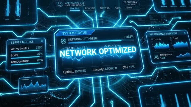 Futuristic network dashboard interface for digital data analytics, cyber security monitor panel with blue hud system status, performance metric graph, server load, uptime information
