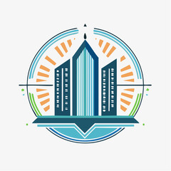 Obraz premium Modern Cityscape Emblem with Geometric Architecture and Sun Rays Design