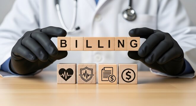 Medical professional handling billing blocks with health care symbols