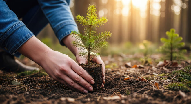 Hands planting young pine tree seedling in the forest for reforestation and environmental conservation. Sustainability and environmental stewardship concept.