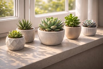Fototapeta premium A semi-realistic 3D scene of a window ledge with several small succulent plants in decorative pots. With glossy leaf surfaces, ceramic pot reflections, and natural sunlight highlights