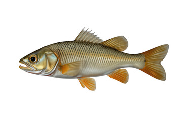 Rudd fish displaying golden scales and orange fins, swimming left, a common freshwater species. Transparent background