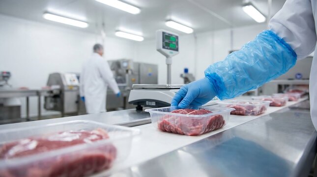 A blue-gloved hand carefully places a plastic package of raw meat onto a conveyor belt in a food processing plant.