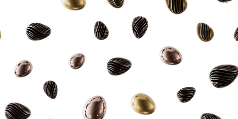 Decorative golden eggs floating in the air against a bright white background. Easter decoration,...