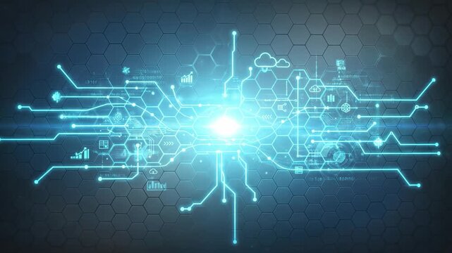 Digital circuit technology background with glowing blue lines and hexagon pattern showcasing futuristic network data flow, abstract electronic schematic and innovative interface design concepts