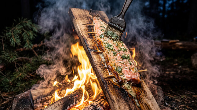 Traditional Nordic Flammlachs cooking on a wooden plank over an open fire.