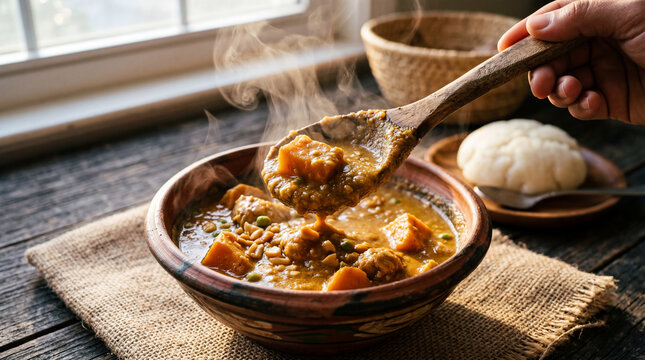 Traditional African peanut stew Maafe with sweet potatoes and fufu on a rustic table