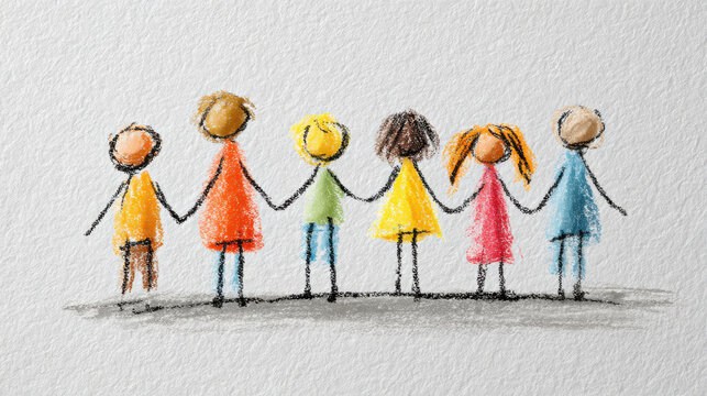 Childlike drawing togetherness equality concept colorful child group diversity unity friendship happiness