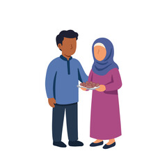 Fototapeta premium Muslim Couple Sharing Dates for Iftar Illustration. Flat Vector of Man and Woman in Hijab Holding a Plate of Dates. Ramadan Kareem Concept with Islamic Characters.