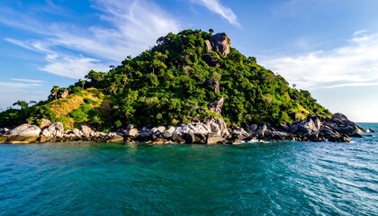 Naklejka premium Lush green island rises from turquoise sea under a partly cloudy bright sky