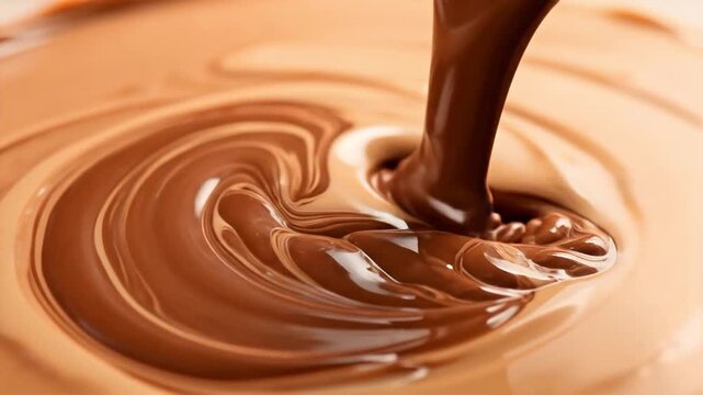 Melted dark chocolate pouring into smooth swirling light brown liquid, suitable for confectionery promotion, dessert recipes, food advertising, culinary blogs, sweet treat concepts.