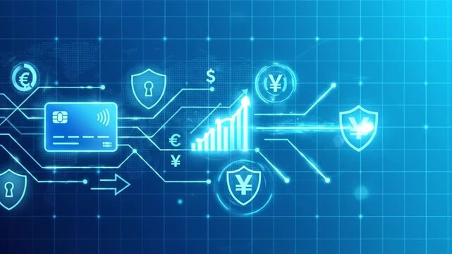 Digital payment technology featuring credit card, currency symbols, security shield, and financial growth chart on blue grid background illustrating secure transactions and data flow concepts