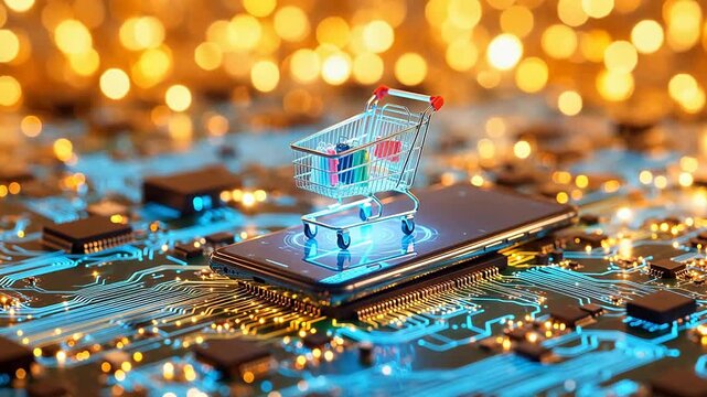 Shopping cart on smartphone with circuit board