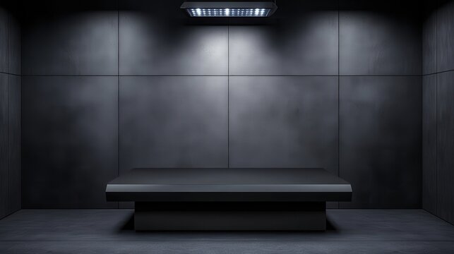 A dimly lit interrogation room featuring a central table, designed for tense scenarios in films or visual storytelling, Ideal for illustrating suspenseful themes or crime-related content,