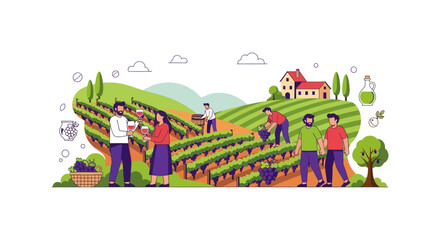 Obraz premium Flat Vector Illustration of Vineyard Workers Harvesting Grapes and Couple Tasting Wine on Rural Farm.