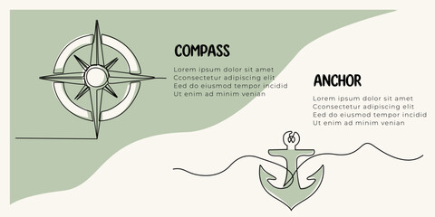Vertical banner with compass and anchor drawn in one line. Doodle illustration. Maritime symbol. © Oleh