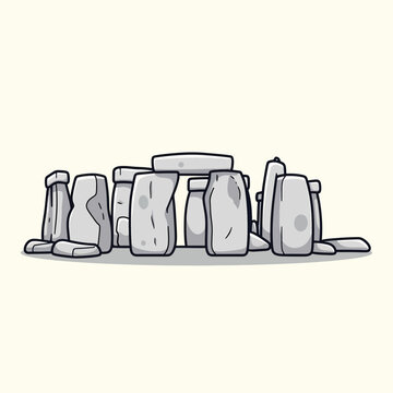 A cartoon illustration of an ancient stone monument, grey in color, on a light beige backdrop. Simple style