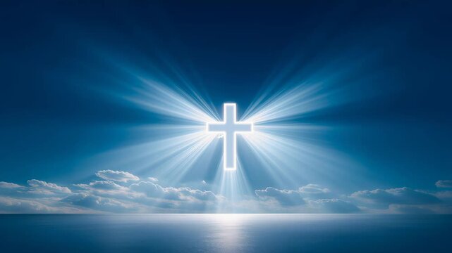 Glowing Christian cross radiating light above calm ocean and clouds in blue sky. Spiritual faith and religion concept for church media, worship events and inspirational background design