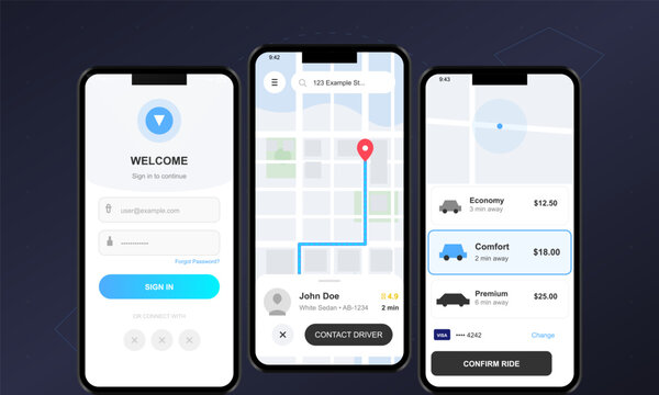 Three smartphone screens displaying a mobile ride-sharing application