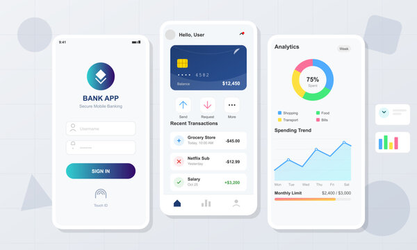 Modern mobile banking app interface with login screen, account dashboard, transaction list, analytics charts, and fintech widgets, designed as clean smartphone UI mockup screens.